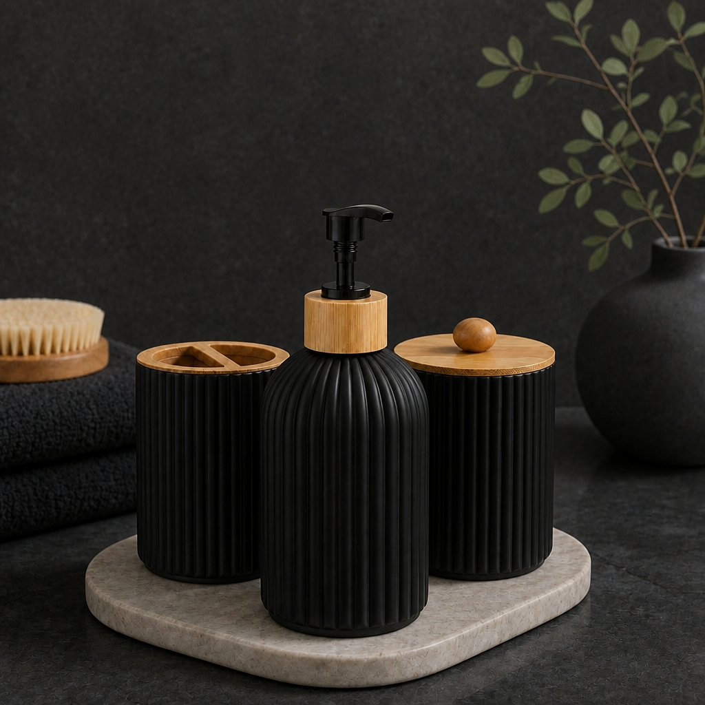 Minimalist Bamboo Bathroom Set – Soap Dispenser, Cotton Jar & Toothbrush Holder