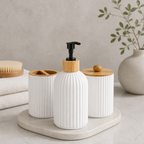Minimalist Bamboo Bathroom Set – Soap Dispenser, Cotton Jar & Toothbrush Holder