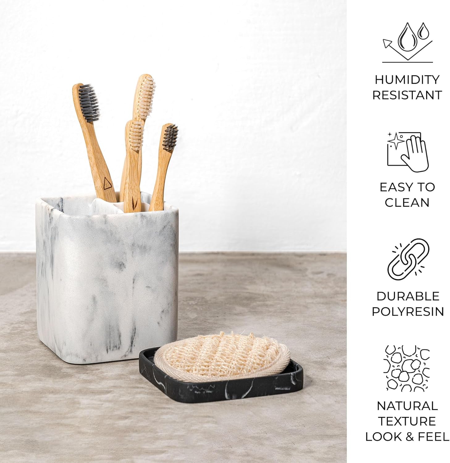 Marble-Effect Electric Toothbrush and Makeup Brush Organizer with Detachable Tray for Bathroom Countertop