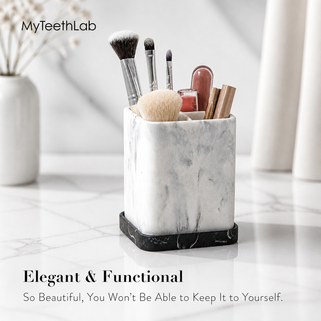 Premium Marble Bathroom Organizer – Toothbrush & Makeup Brush Holder with Removable Tray