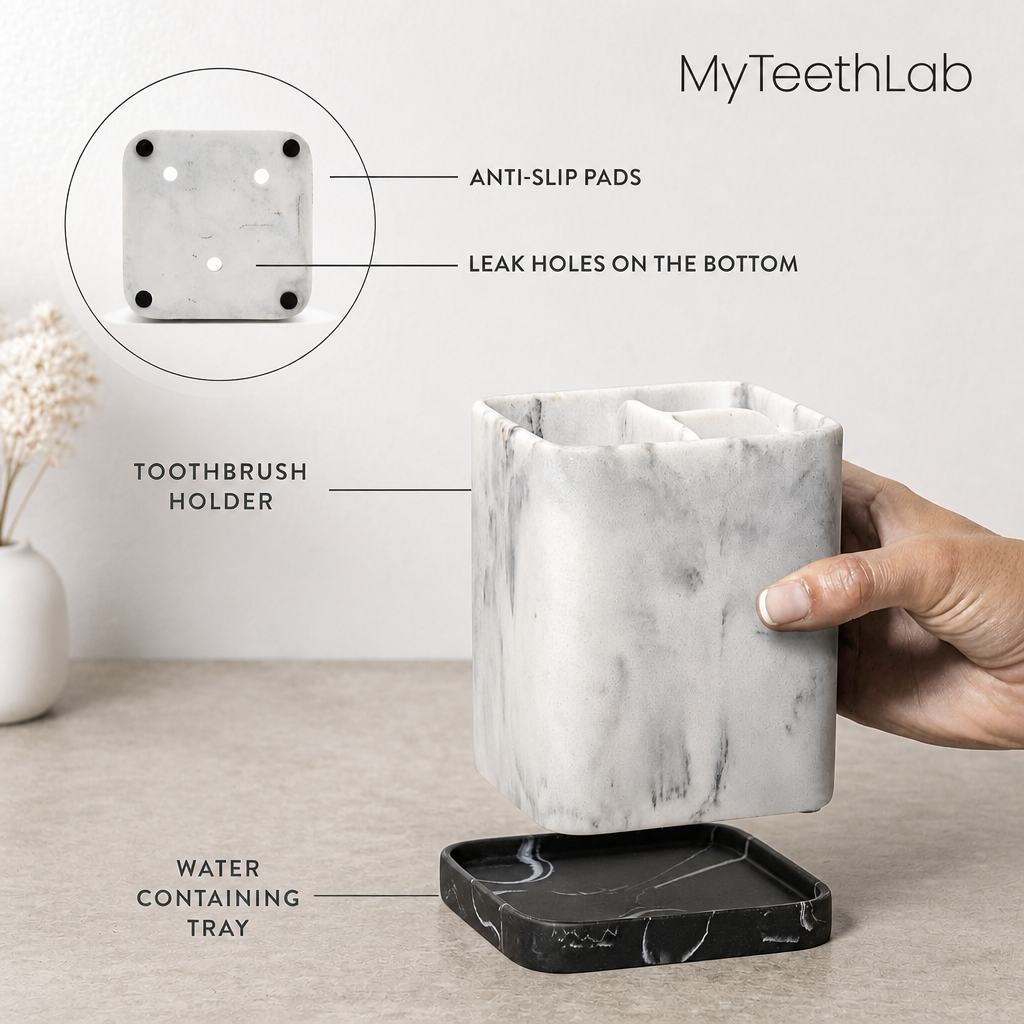 Premium Marble Bathroom Organizer – Toothbrush & Makeup Brush Holder with Removable Tray
