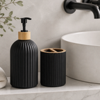 Minimalist Bamboo Bathroom Set – Soap Dispenser, Cotton Jar & Toothbrush Holder