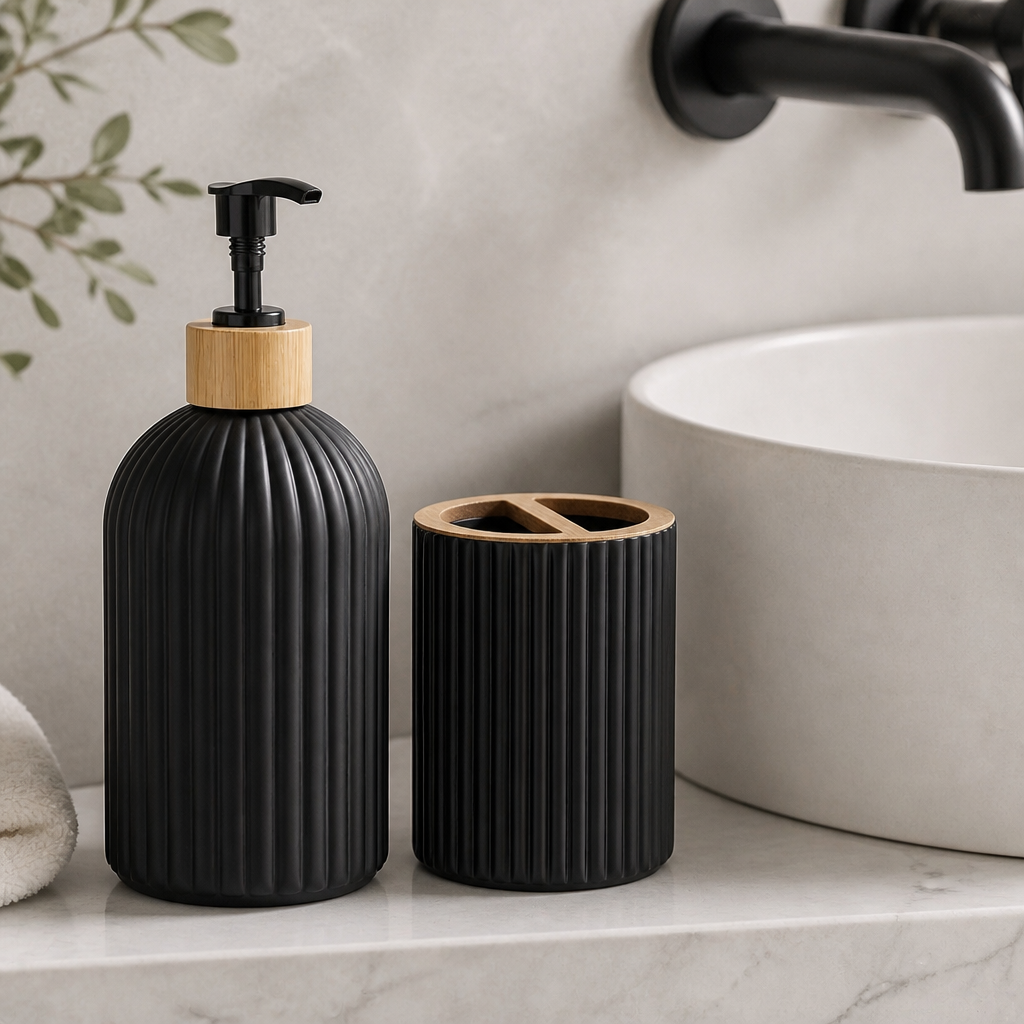 Minimalist Bamboo Bathroom Set – Soap Dispenser, Cotton Jar & Toothbrush Holder