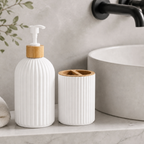 Minimalist Bamboo Bathroom Set – Soap Dispenser, Cotton Jar & Toothbrush Holder