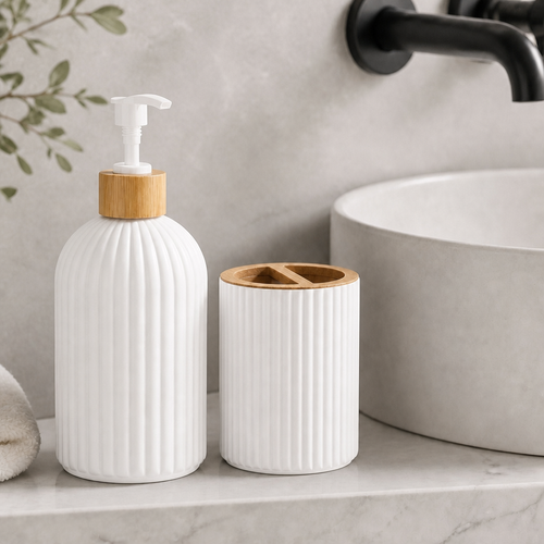 Minimalist Bamboo Bathroom Set – Soap Dispenser, Cotton Jar & Toothbrush Holder